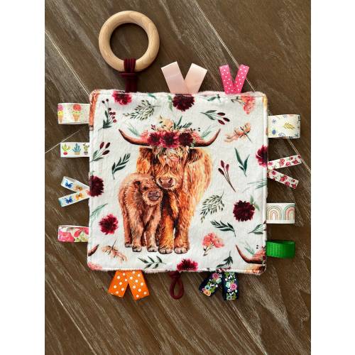 Highland Cow Lovey- Crinkle Noise Paper Toy, Handmade, Teether Maple Wood Ring Satin Minky