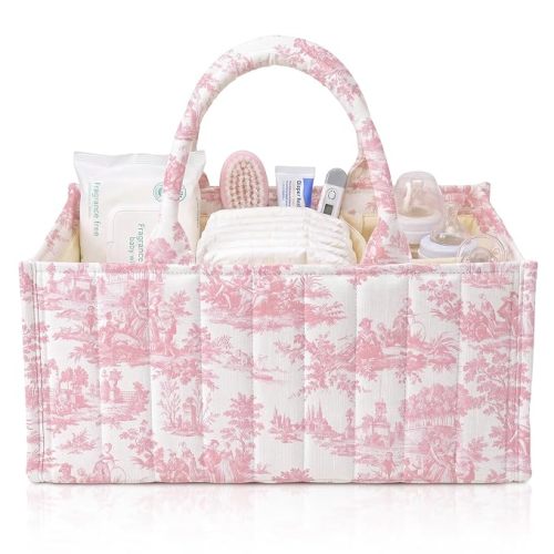 Shinylin Diaper Caddy Organizer with Pink Toile De Jouy Portable Nursery Storage Basket with Handle and Removable Dividers Vintage French Storage Bin for Diaper Caddy Wipes Organizer Baby Shower Favor