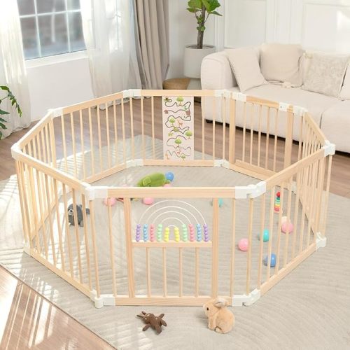 Foldable Wooden Baby Playpen Activity Center,Adjustable Size & Shape Portable Play Yard, Baby Fence Play Area with Gate for Indoor Use for Babies and Toddlers(56x56x24inches)