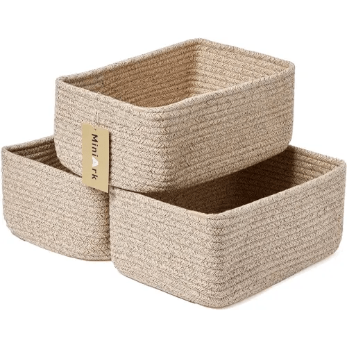 Small Storage Baskets for Organizing | Closet Organizer Bins | Shelf Toy Basket | Woven Rope Baskets | Cube Decorative Box | Shallow Basket | 11.5x7.5x4.7” | 3 Packs Mixed Brown
