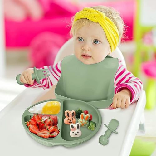 Silicone Baby Feeding Set, Baby Led Weaning Supplies with Suction Bowl Divided Plate, Toddler Self Feeding Dish Set with Spoons Forks Sippy Cup Adjustable Bib, Baby Eating Utensils(Dark Green)