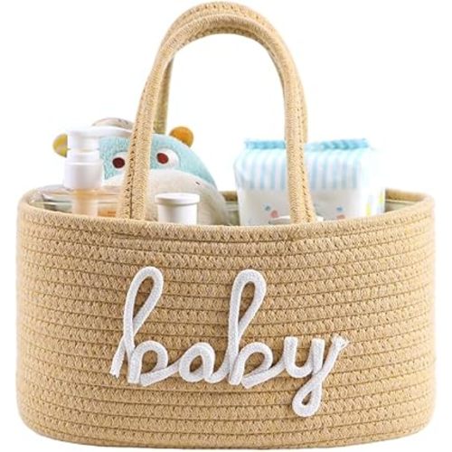 Baby Diaper Caddy Organizer, Nursery Storage Bin Basket for Baby Shower and Baby Wipes- Cotton Rope Portable Diaper Bag for Changing Table, Newborn Essentials Gift-Tan