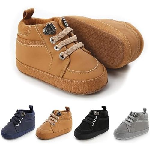 Meckior Toddler Baby Boys Girls High Tops Ankle Sneakers Soft Anti-Slip Sole PU Leather Moccasins Infant Newborn Prewalker First Walking Crib Shoes - 6-12 Months Infant - A01/Brown