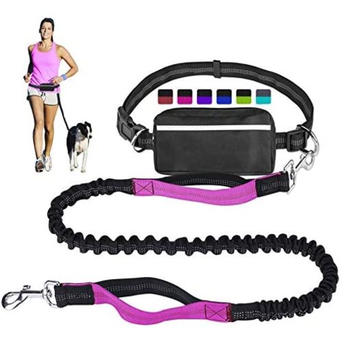 Hands Free Dog Leash for Running Walking Training Hiking, Dual-Handle Reflective Bungee, Poop Bag Dispenser Pouch, Adjustable Waist Belt, Shock Absorbing, Ideal for Medium to Large Dogs (Black W Pink)