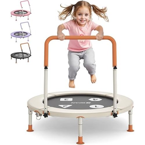 BCAN BT1 36'' Toddler Trampoline, ASTM Certified-Foldable Mini Trampolines for Kids Ages 1-6, Adjustable Handle, Safety Pad & Foldable Legs, Baby Trampoline Indoor/Garden, Gift for Boy and Girl