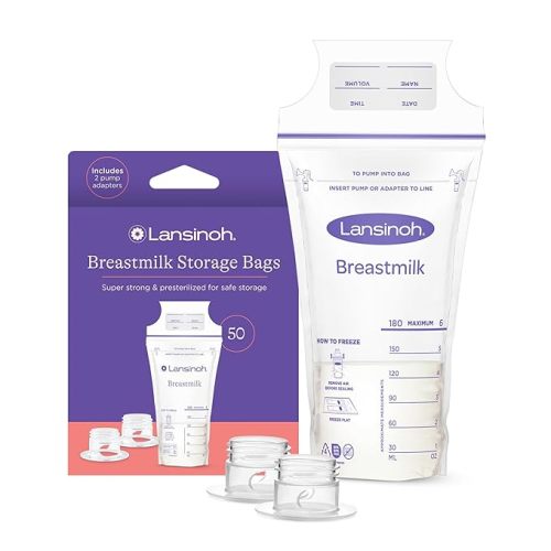 Lansinoh Breastmilk Storage Bags, 50 Count with 2 Pump Adapters, Easy to Use Breast Milk Storage Bags for Feeding, Presterilized, Hygienically Doubled-Sealed for Freezing & Refrigeration, 6 Ounce - 52.0