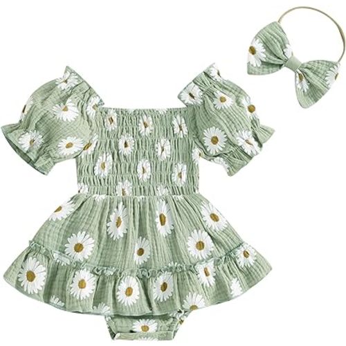 Lesimsam Newborn Baby Girl Clothes Daisy Romper Dress Short Sleeve Smocked Bubble Bodysuit Jumpsuit Cute Summer Outfit