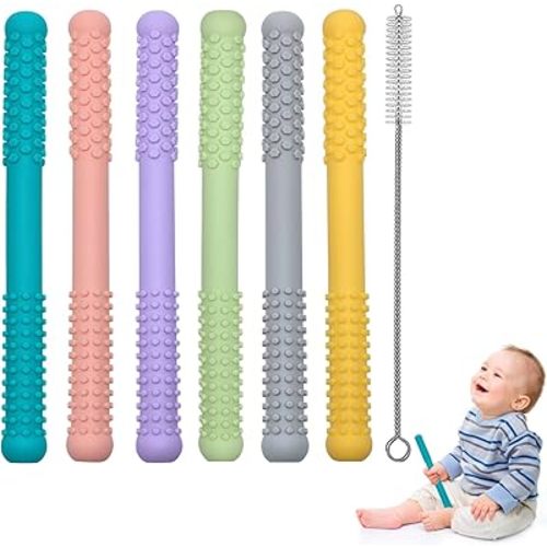 Hollow Teething Tubes Toys for Babies Girls Boys, 5 Pack Silicone Baby Teether Toy Tube for Infants with Nursing Biting Chewing, Chew Straws for Toddlers 6-12 Months (Style B)
