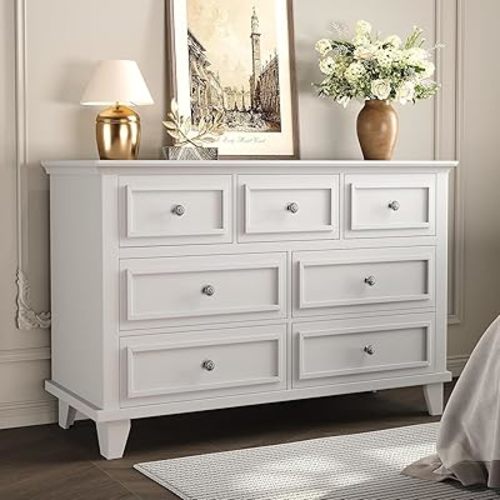 GAOMON White Dresser, 7 Drawer Dresser for Bedroom, Chest of Drawers with Deep Drawers, Closet Dressers with Metal Handle, Thickened Desktop, Wood Rustic Drawers for Hallway, Entryway, Closet