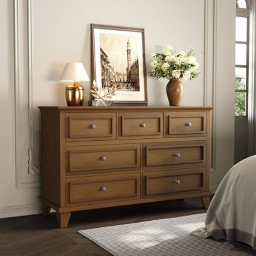 LinTimes 7-Drawer Dresser for Bedroom, Wide Chest of Drawers with Vintage Handle, Wood Cabinet for Living Room, Hallway, Closet-Walnut