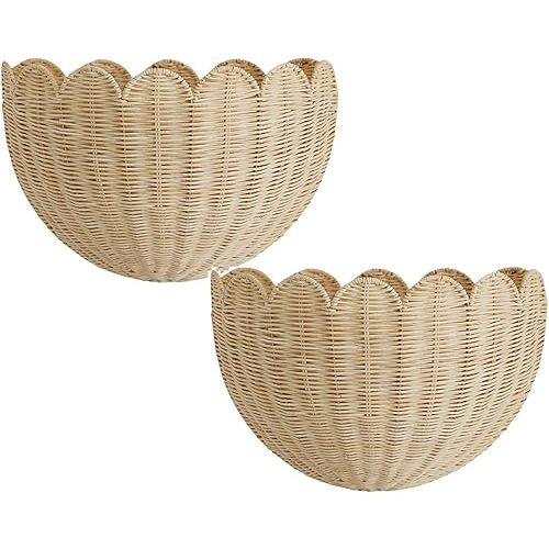 Scallop Wall Basket, Scalloped Wall Wicker Baskets, Hand Woven Basket, Scalloped Décor Walls Hanging Baskets, Hanging Home Decor for Bedroom Bathroom (2PC)
