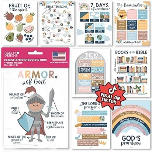 Hadley Designs Sunday School Decorations for Classroom – 9 Bible Posters for Kids, 11x14in Books of the Bible Poster, 10 Commandments, Fruits of the Spirit & More – Boho Christian Classroom Decor