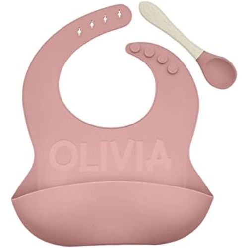 Personalized Silicone Bib and Spoon Set with Custom Name, Babies/Toddlers Durable Adjustable with Pocket for Baby Boy & Girl