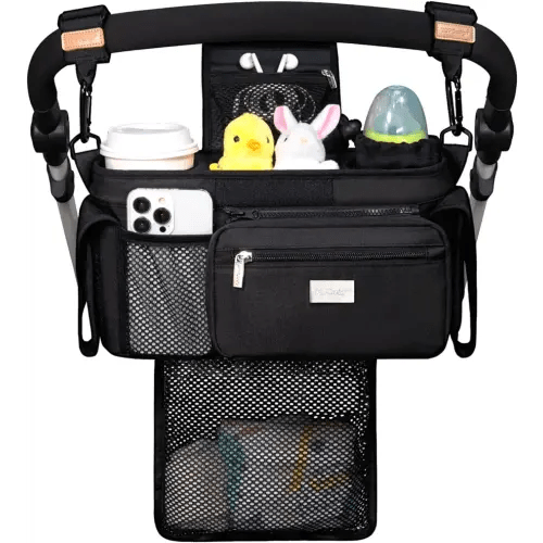TOPDesign Universal Baby Stroller Organizer, Stroller Caddy with Detachable Mesh Bag & Heightened Insulated Cup Holders & Non-Slip Secure Hooks Accessories, Fits Most Strollers (Black)