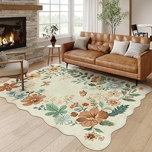 Lahome Floral Living Room Rug, 5x7 Rug for Bedroom Ultra-Thin Soft Dining Room Rug, Non Slip Washable Rug Stain Resistant Boho Rug Low-Pile Throw Rug for ‎Office (5x7ft,Beige)