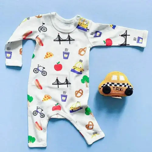 Organic Baby Gift Set - New York Onesie and Taxi Rattle Toy