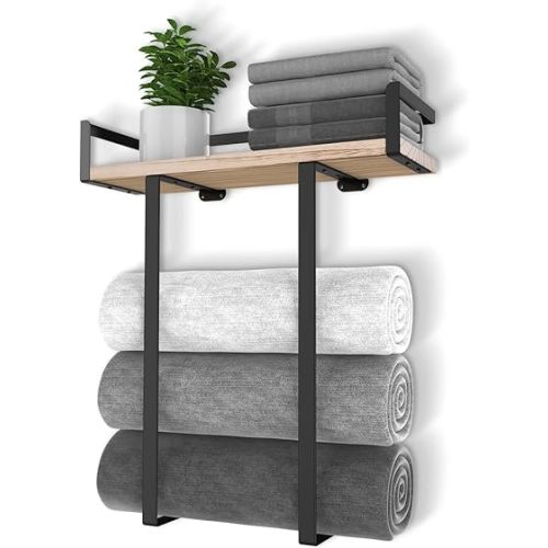 Towel Racks for Bathroom Wall Mounted, Xstydes Metal Towel Holder with Wooden Shelf for Folding Large Towels, Towel Storage for Small Bathroom Organizer Decor or RV Camping