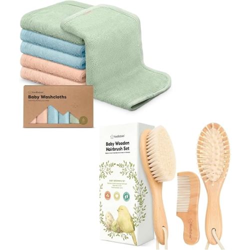 KeaBabies Baby Washcloths and Baby Hair Brush and Baby Comb Set - Soft Baby Wash Cloths for Newborn, Kids - Wooden Baby Brush with Soft Goat Bristle