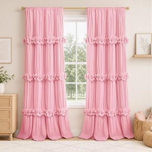 Pink Ruffle Blackout Curtains for Nursery, 52" W x 84" L, 2 Panels