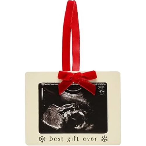 Pearhead Baby Sonogram Ornament with Red Velvet Ribbon | Wooden Ultrasound Photo Frame Keepsake for Holiday Pregnancy Announcement