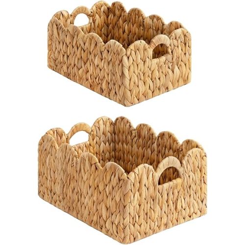 StorageWorks Scalloped Edge Wicker Basket, Hand-woven Rattan Basket for Organizing, Nursery Basket with Built-in Handles, Storage Basket for Décor, Water Hyacinth Wicker Basket for Shelves, Set of 2