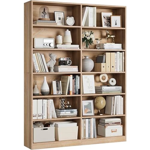 Bookshelf and Bookcase, 6-Tier Double Wide Bookshelves,Freestanding Display Storage Shelves, Tall Bookcases for Home Decor Bedroom, Living Room, Home Office, Light Oak