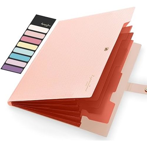 Sooez Expanding File Folder, Letter Size Accordion File Organizer, 5 Pocket Folders for Documents, Cute Folder with Labels, Portable Paper Organizer for School Office Supplies, A4 Size, Peach
