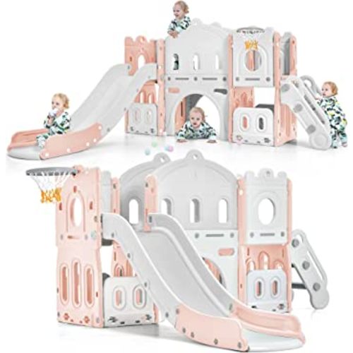 Merax 6-in-1 Kids Slide with Climber, Basketball Hoop, Tunnel and Storage Space, Outdoor Indoor Slide Playset for Toddlers Age 1-12