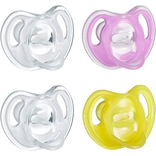 Tommee Tippee Ultra-Light Silicone Pacifier, 6-18 Months, Symmetrical One-Piece Design, BPA-Free Silicone Binkies, Clear/Pink/Yellow, Pack of 4