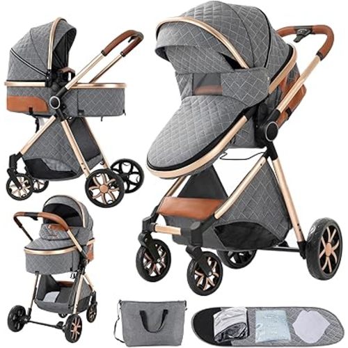 2 in 1 Baby Stroller, Convertible Foldable Standard Stroller, Reversible Pushchair Infant Buggy Carriage, Portable High Landscape Pram for Toddler Newborn, Aluminum Alloy (225 Grey)