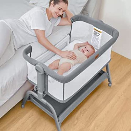 BabyBond Baby Bassinet, 3 in 1 Bassinet Bedside Sleeper with Soft Mattress and Sheet, 6 Height Adjustable Cosleeper Bedside Crib, 4-Sided Mesh Bedside Bassinet for Baby, Grey (BB0Y06-G)