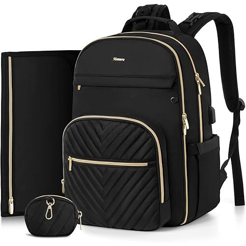 MOMUVO Diaper Bag Backpack, Quilted Baby Bag with Changing Pad & Stroller Straps & Pacifier Case, Large Travel Diaper Bags for Mom Dad, Black