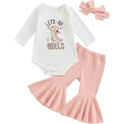 Baby Girls Western Clothes Long Sleeve Bodysuit Ribbed Flared Pants Bell Bottoms Headband 3pcs Cowgirl Outfit