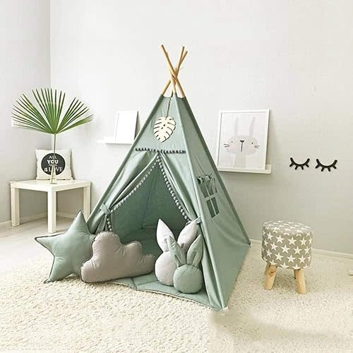 Kids Teepee Tent with White Pom Pom - Indoor Play Teepee for Children Boys Portable Play House (Green)