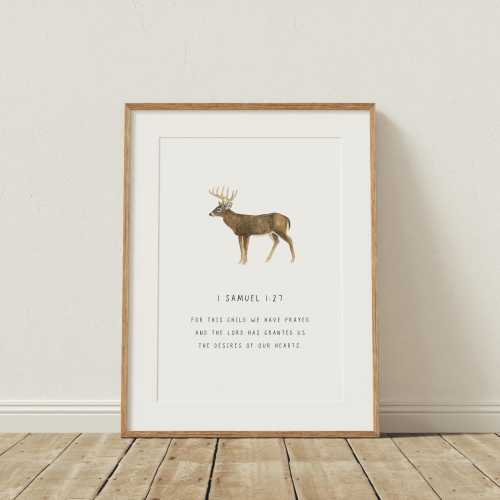 PRINTED Buck Bible Verse Nursery Art, Little Boy Hunting Bedroom Print, Deer Hunting Decor, For This Child We Have Prayed, Woodland theme