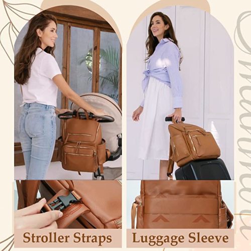 Diaper Bag Backpack Baby Diaper Bag Leather with 17 Diaper Bag Organizing Pouches,Changing Pad,Stroller Straps,4 Insulated Pockets,Brown - Congac