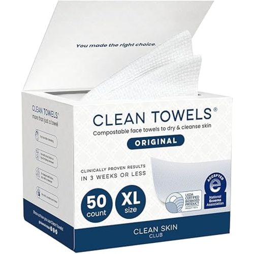 Clean Skin Club Clean Towels XL®, 100% USDA Biobased Face Towel, Disposable Face Towelette, Eczema Association Accepted, Makeup Remover Dry Wipes, Ultra Soft, 50 ct per pack, 2 Packs, 100 Ct Total