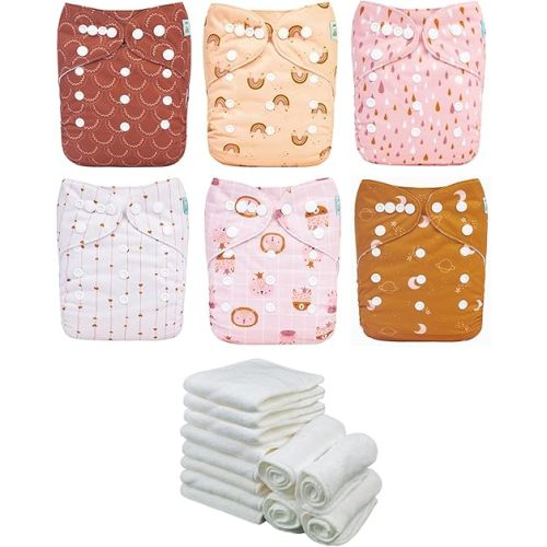 ALVABABY Baby Cloth Diaper 6 Pack with 12 Inserts One Size Cloth Diaper Covers Adjustable Washable Reusable for Baby Girls and Boys