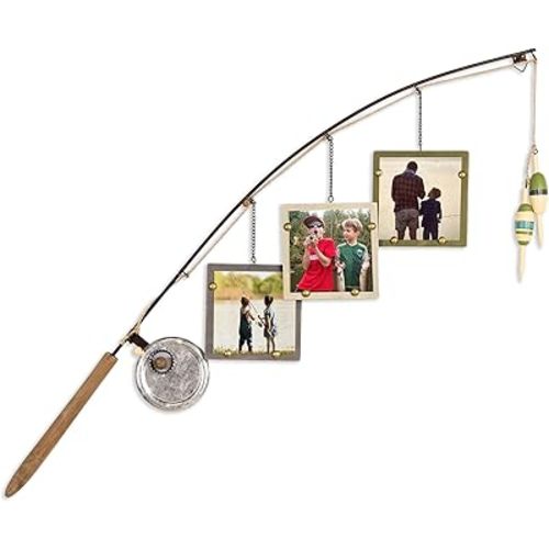 Young's Inc. Wood Fishing Pole Picture Frame Display with Three 4” x 4” Frames - Wall Decor – Hanging Picture Frames