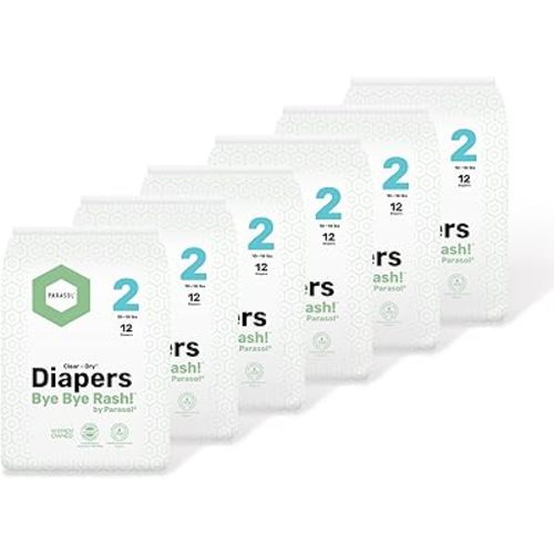 PARASOL Clear+Dry Disposable Diapers | RashShield Protection, Leakproof Design, Hypoallergenic Diaper Set (Size 2, 72, Count)