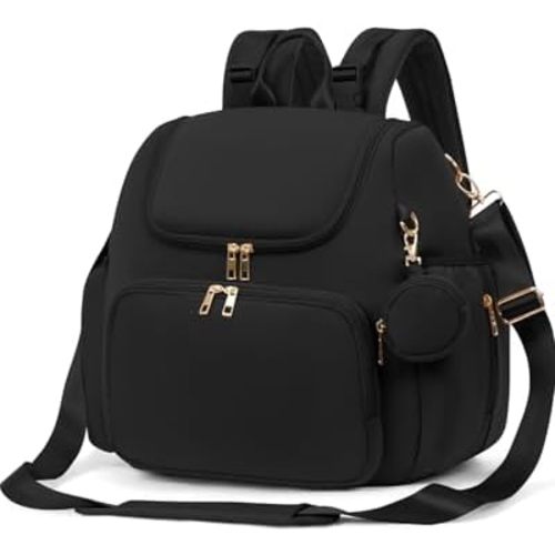 CEI-CEI Small Diaper Bag Backpack Neoprene Baby Maternity Bags Stylish Travel Tote for Mom with Insulated Pockets, Changing Pad, Stowable Shoulder Strap(Black)
