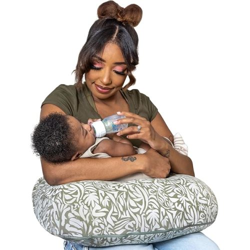 Boppy Nursing Pillow - Ergonomic Bottle & Breastfeeding Pillow, Higher, Firmer & Larger, Water-Repellent with Washable Organic Cotton Cover, Baby Safety Alliance Verified - Green Cut Out Leaves