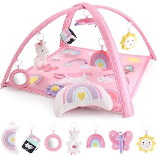 The Peanutshell 7 in 1 Baby Play Gym for Girls, Activity Center,Tummy Time Play Mat for Babies 0-6 Months, Newborn Toys, Playmate for Baby Girl, Rainbow Unicorn