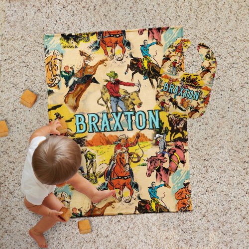 Personalized Blanket, Custom Name Blanket, Baby Boy Toddler Blanket, Vintage Cowboy, Western, Rodeo, Vintage Nursery, Bib