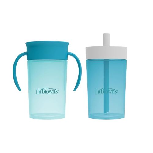 Dr. Brown's Milestones Straw to 360° Cup Set, Convertible Toddler Training Cup Set with Interchangeable Silicone Straw and 360 Degree Cup Lids, Ocean Blue, 10 oz/300 mL, BPA Free, 9m+, 2 Pack