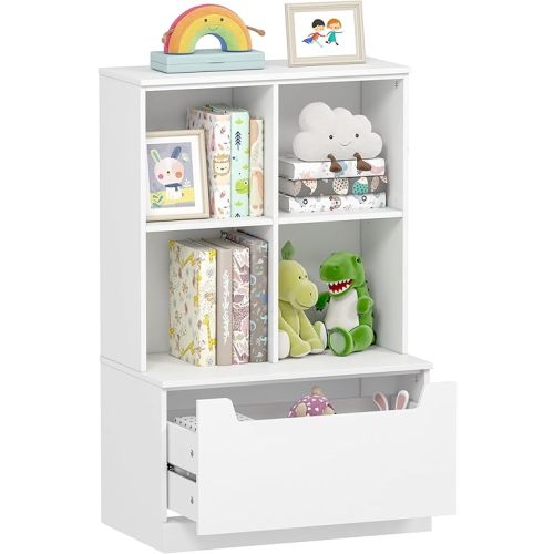 UTEX Kids Toy Storage Organizer and Bookshelf, Toddlers Bookcase with Cubbies, Adjustable Wood Shelf with Drawer for Nursery, Bedroom, Playroom, White