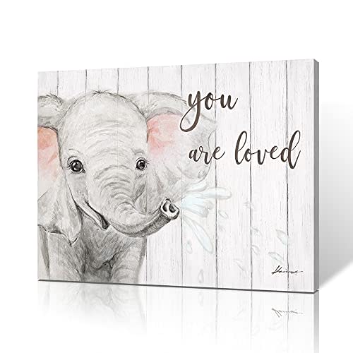 B BLINGBLING Elephant Nursery Canvas Wall Art: Blush Pink and Grey Baby Elephant Wall Art Prints You Are Loved Inspirational Quote Poster Cute Animal Picture for Baby Kids Room Decor Framed 16"x12"
