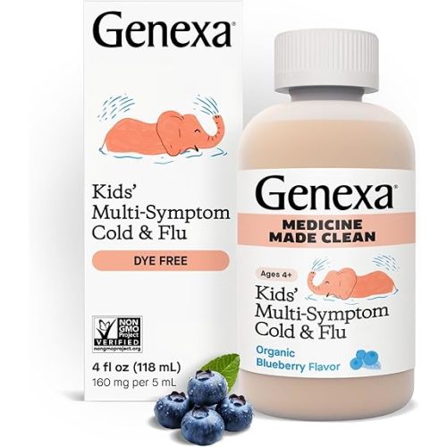 Genexa Kids' Cold & Flu Multi-Symptom Relief, Dye Free, 0% Artificial Additives, Children's Liquid Pain, Fever and Cough Medicine, for Kids 4-11, Delicious Organic Blueberry Flavor, 4 fl oz