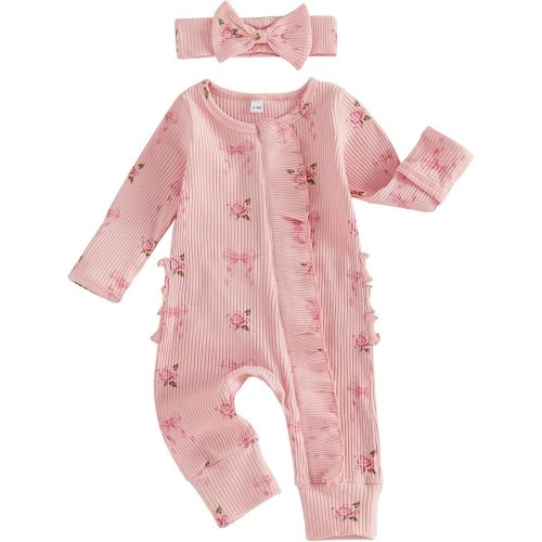 Socutebabe Newborn Baby Girl Fall Winter Clothes Coming Home Outfit Ruffle Romper Cute Ribbed Knit Jumpsuit Headband