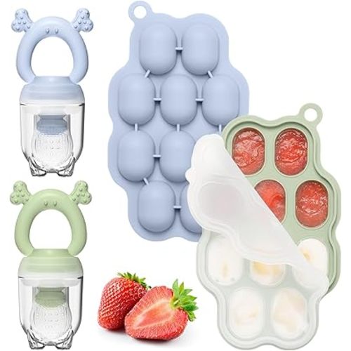 KingKam Baby Breastmilk Popsicle Molds & Baby Fruit Feeder (2 Pack), Baby Food Freezer Tray Storage Containers, Silicone Pacifier Feeder and Teether
